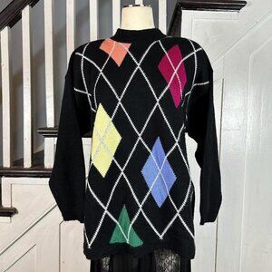 Vintage 80s Argyle Diamond Patterned Knit Sweater
